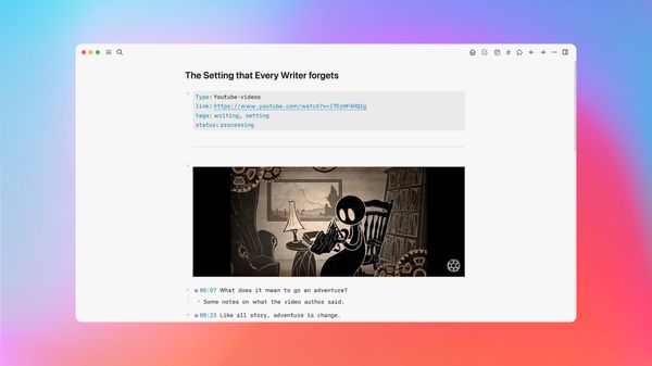 Logseq screenshot with gradient border showing notes on YouTube Videos with timestamp