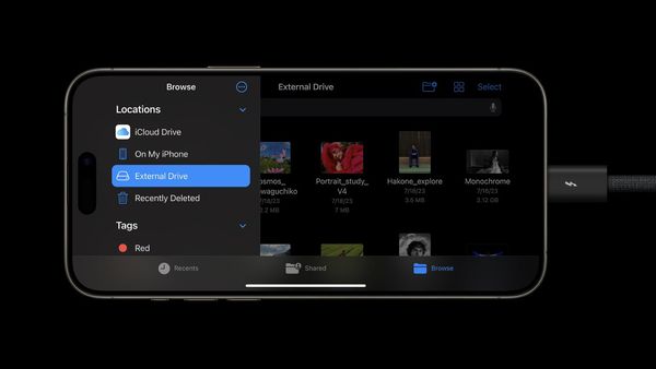 iPhone connected to USB-C cable showing external drive