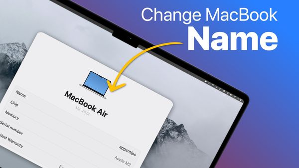 MacBook mockup showing Change MacBook Name setting