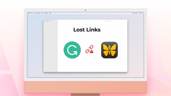 Ulysses and Grammarly log with broken link logo inside an iMac frame