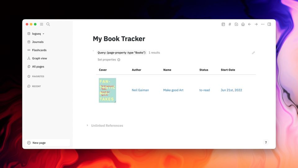 Screenshot of Logseq Window showing book tracker for tracking books