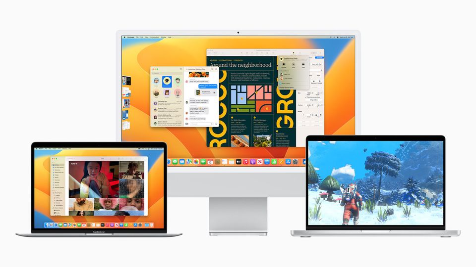 MacBook Air, MacBook Pro, and iMac showing the new macOS 13 Ventura update
