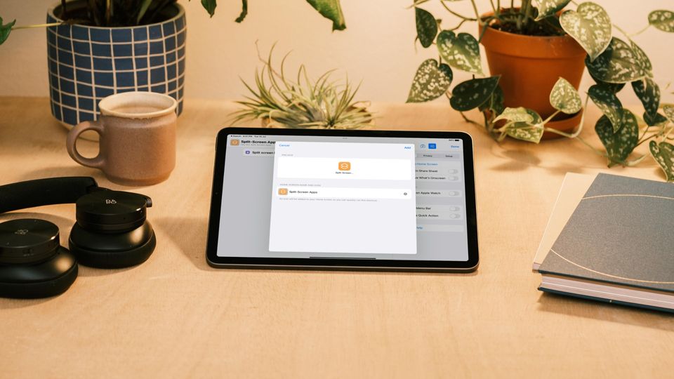 iPad on wooden desk showing shortcut to open two apps in Split View