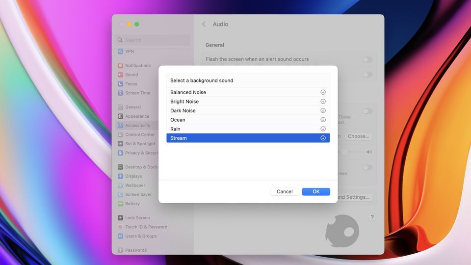 macOS Ventura System Settings panel showing Background Sounds feature