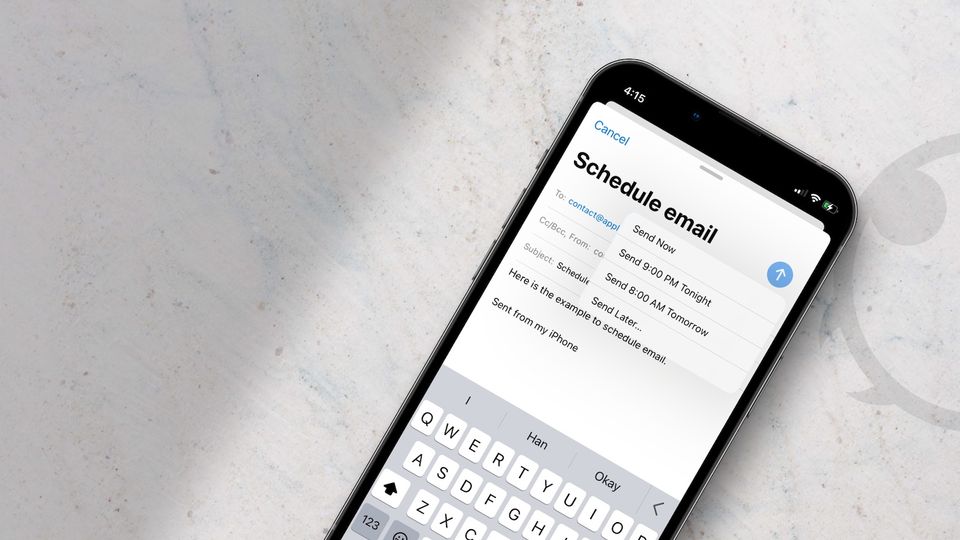 iPhone 12 on marble surface showing schedule email option