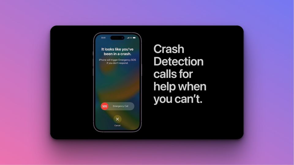 iPhone 14 Pro mockup showing Crash detection