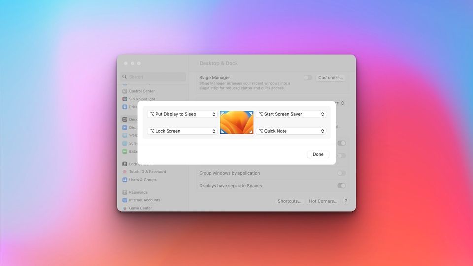 macOS Ventura System Settings screenshot showing Hot Corners feature