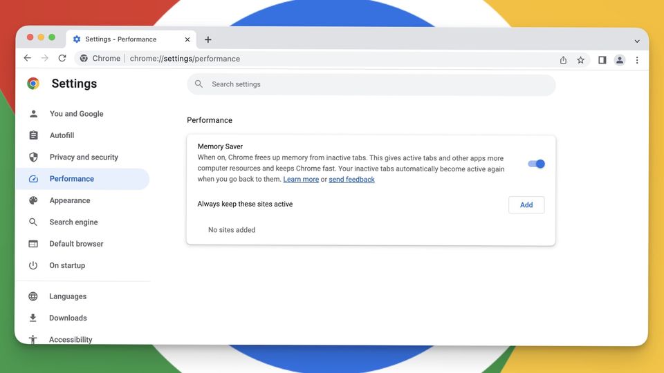 Google Chrome Performance Setting screenshot