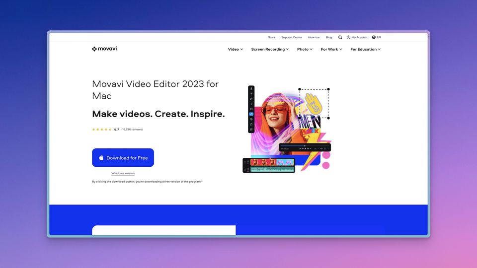 Movavi video editor website homepage screenshot