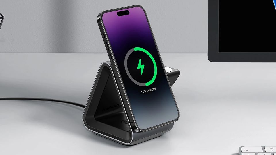 Anker 737 MagGo Charger on table with iPhone