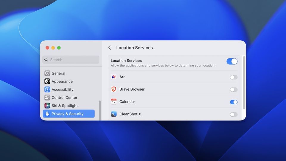 screenshot showing location services setting in macOS Ventura