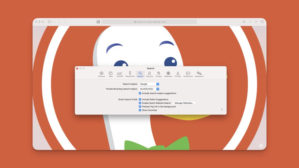 Safari screenshot with DuckDuckGo background