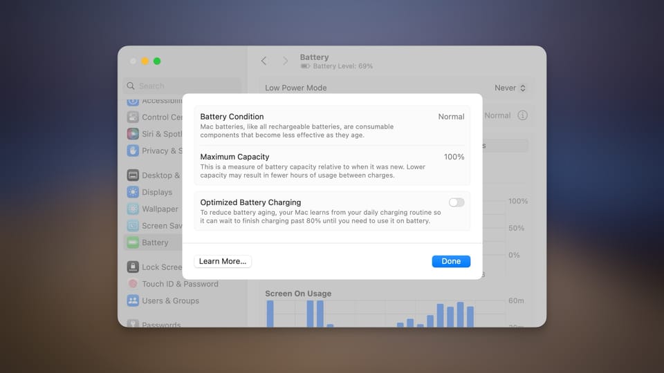 MacBook Battery setting screenshot showing Maximum battery capacity